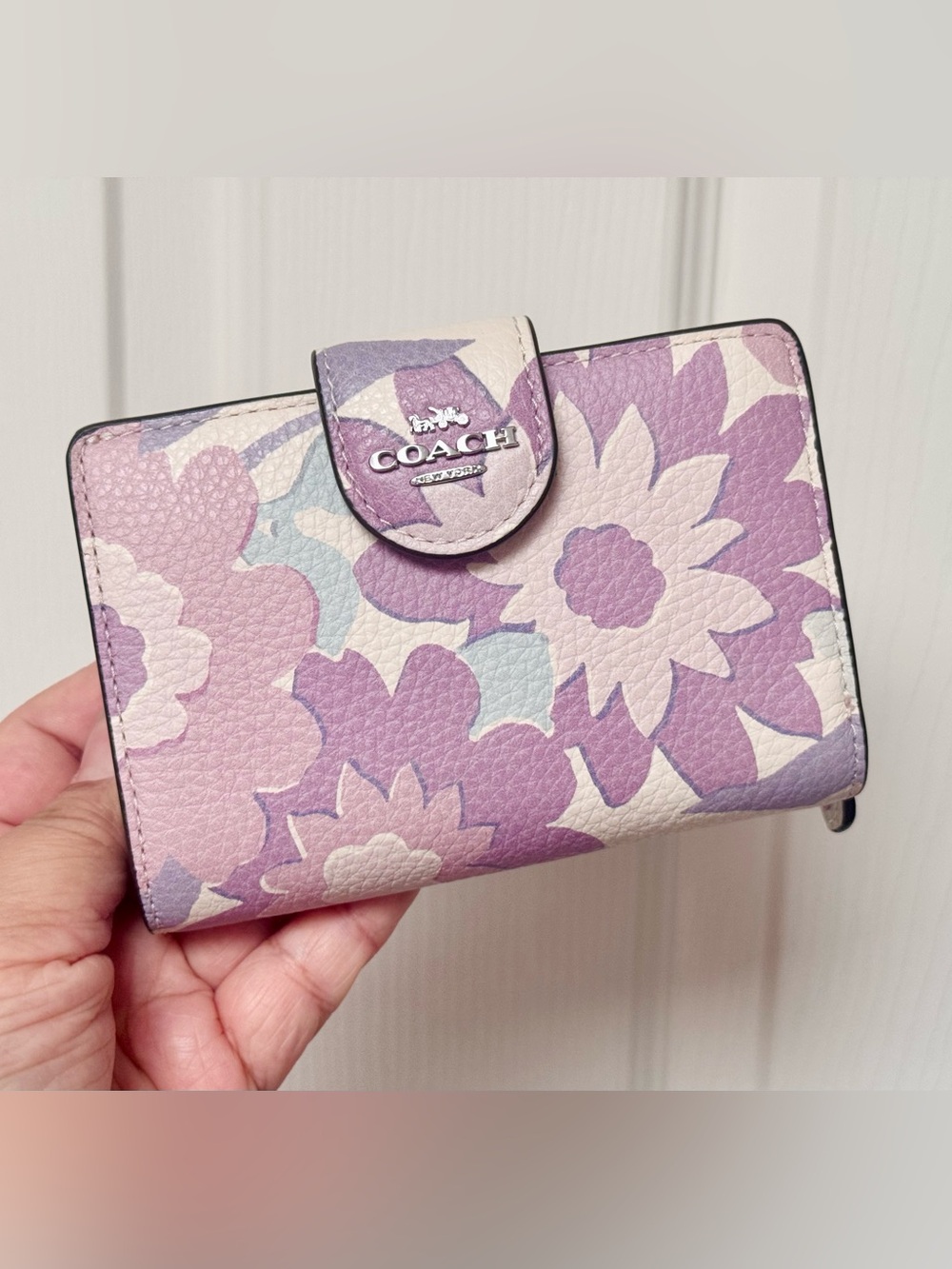 COACH Medium Corner Zip Wallet With Floral Print Ivory/Purple/Pink Multi CBO31